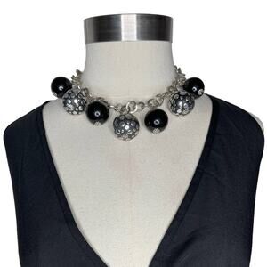 Silver And Black Choker Dangle Necklace Chunky Statement Necklace
